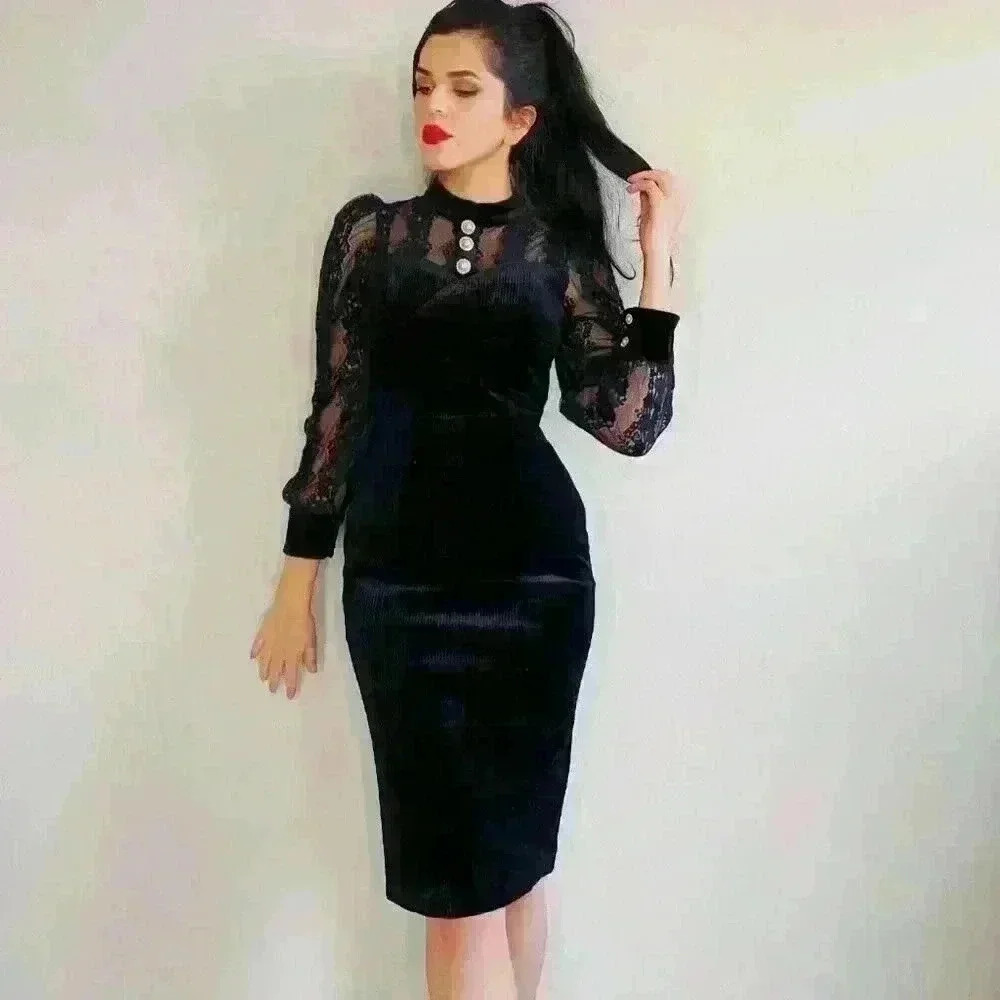 Velvet‎ Lace Black Midi Dress